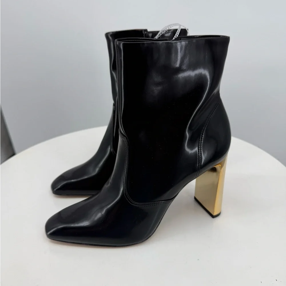 Gianni Bini Mavis Black Patent Ankle Boots Gold Block Heel Pointed Toe Size 8.5